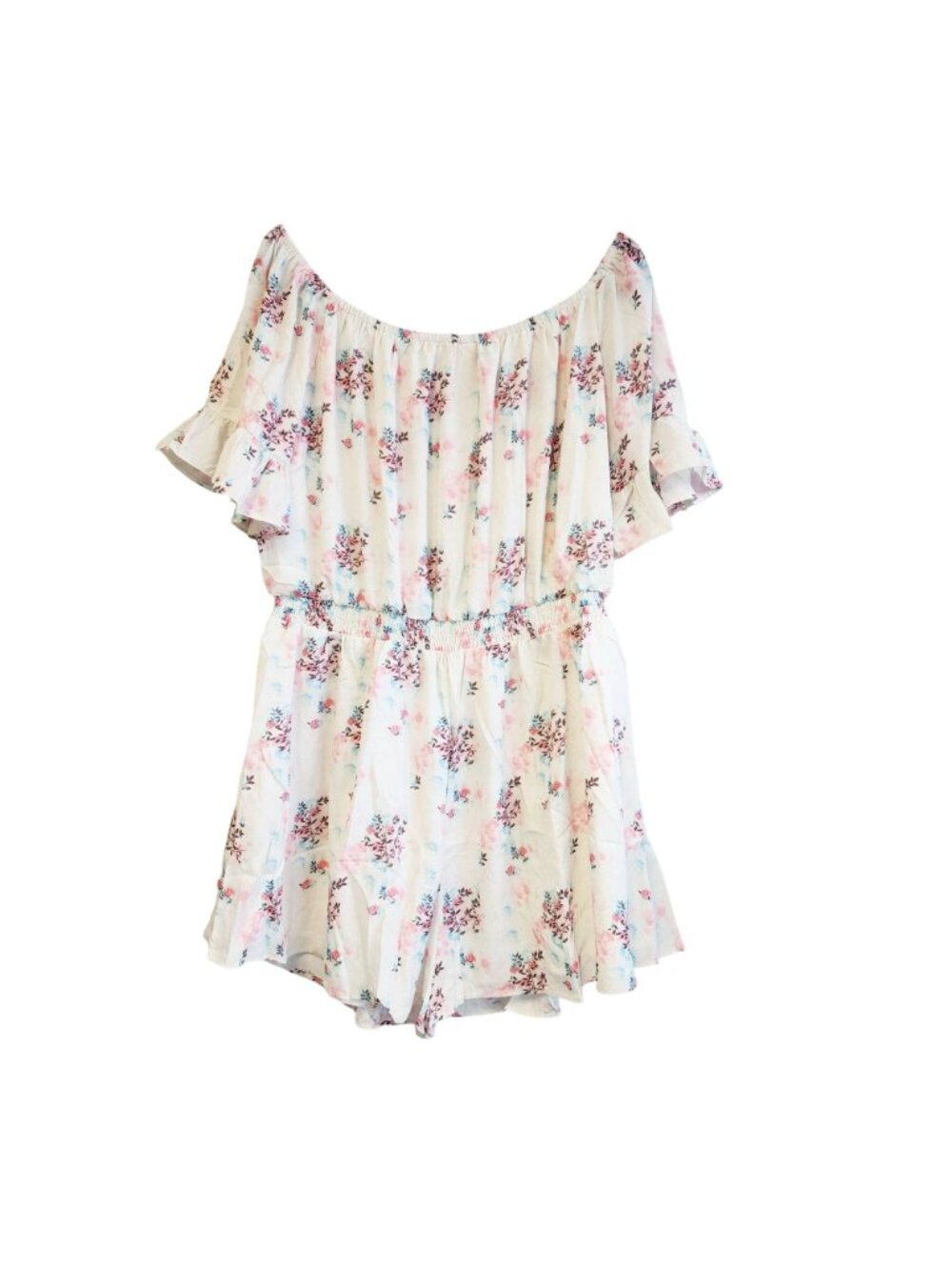 Floral Off-Shoulder Short Romper Exlura Elastic Waist White Womens Size XL - Picture 4 of 7